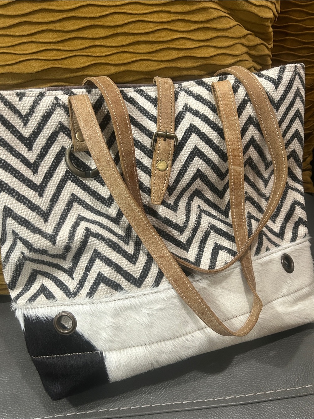 Myra Chevron Cowhide Shoulder Bag Tote Large GORGEOUS